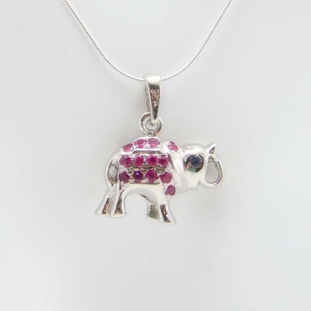 Genuine Ruby and Sapphire Lucky Elephant Necklace in 925 Sterling Silver - Picture 5 of 5